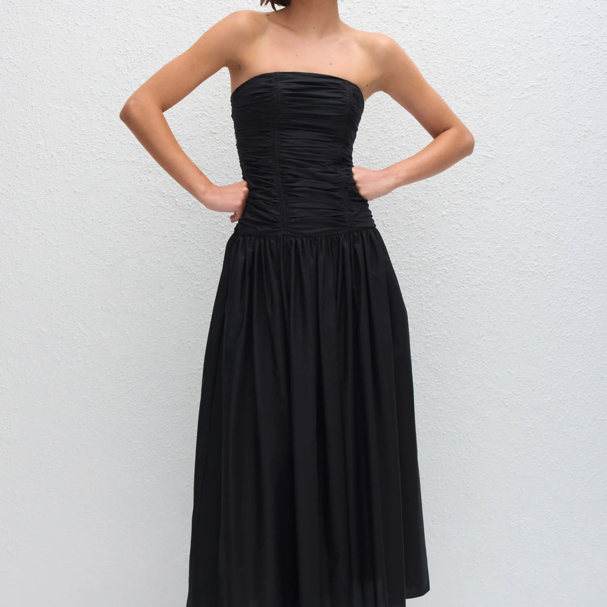 MATTEAU STRAPLESS DROP WAIST DRESS BLACK — SALT CLOTHING